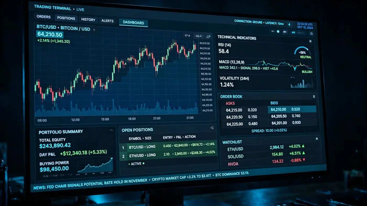 Panel de control con múltiples gráficos financieros en un monitor ultrawide
