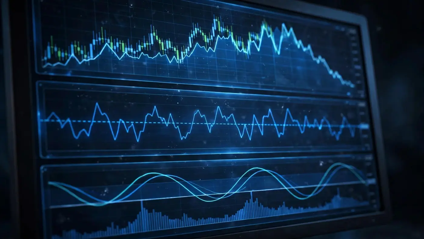 Paneles de indicadores técnicos RSI y MACD bajo un gráfico de precios