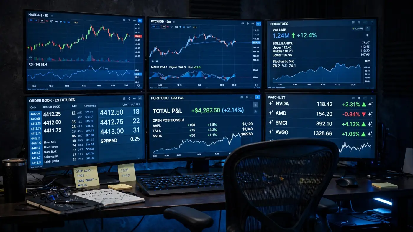 Estación de trabajo con múltiples monitores mostrando gráficos financieros